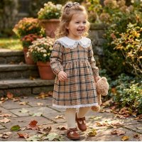 KWD03: Baby Girls Beige Tartan Dress With Lace Trim & Lining (0-4 years, Made in UK)